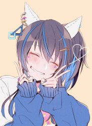 Rule 34 | 1girl, animal ears, blue sweater, blush, brown hair, colored inner hair, daitaku helios (umamusume), double v, ear covers, facing viewer, hair ornament, hairclip, heart, highres, horse ears, long hair, multicolored hair, multicolored nails, nameiko (uma2258), open mouth, side ponytail, simple background, sleeves past wrists, smile, solo, sweater, teeth, two-tone hair, umamusume, upper body, v, yellow background