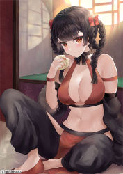 Rule 34 | 1girl, arm strap, baozi, bare shoulders, black choker, black hair, black pants, braid, breasts, choker, cleavage, closed mouth, crop top, detached sleeves, food, frown, fujimori shiki, halterneck, hand up, hip vent, holding, holding food, large breasts, long hair, long sleeves, looking at viewer, midriff, navel, orange eyes, original, pants, pelvic curtain, pout, revealing clothes, sitting, solo, stomach, twin braids, twintails, v-shaped eyebrows, wristband