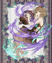 Rule 34 | 1boy, barefoot, bob cut, brown hair, cage, dress, drooling, finger in own mouth, flower, green hair, gretel (sinoalice), hansel (sinoalice), headband, highres, looking at viewer, multicolored hair, nail polish, patapatahnr, purple nails, saliva, sinoalice, solo, trap, two-tone hair