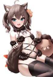 Rule 34 | 1girl, :d, absurdres, ahoge, alternate color, animal ear fluff, animal ears, bikini, black bikini, black ribbon, blue eyes, blush, bow, brown hair, brown thighhighs, cosplay, detached sleeves, ebi frion (natsuiro matsuri), fang, fate/grand order, fate (series), flat chest, fur collar, grey bow, hair ribbon, highres, holding own tail, hololive, long sleeves, looking at viewer, mash kyrielight, mash kyrielight (dangerous beast), mash kyrielight (dangerous beast) (cosplay), matsurisu, natsuiro matsuri, navel, open mouth, plaid, plaid bow, revealing clothes, ribbon, roina (effj7473), simple background, sitting, skin fang, smile, solo, swimsuit, tail, thighhighs, twintails, virtual youtuber, white background