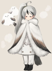 Rule 34 | 1boy, ahoge, bird, black footwear, boots, cape, closed eyes, closed mouth, coat, full body, fur-trimmed cape, fur trim, gloves, highres, library of ruina, long hair, long sleeves, moribe denkou, multicolored hair, pants, project moon, side ponytail, solo, streaked hair, very long hair, white cape, white coat, white gloves, white hair, white pants, yan vismok