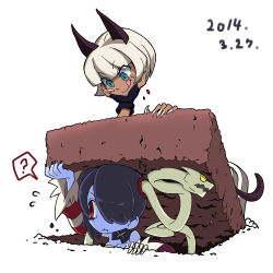 Rule 34 | 10s, 2014, 2girls, :q, ?, animal ears, blue eyes, blue skin, bob cut, bone, cat ears, cat tail, claws, colored skin, dated, fingerless gloves, gagame, gloves, grave, hair over one eye, holding head, leviathan (skullgirls), licking lips, monster girl, ms. fortune (skullgirls), multiple girls, parasite, purple eyes, purple hair, red eyes, scar, severed head, short hair, side ponytail, simple background, skeleton, skullgirls, smile, spoken question mark, squigly (skullgirls), stitches, tail, tombstone, tongue, tongue out, white background, white hair, yellow eyes, zombie