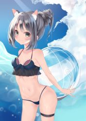 Rule 34 | 1girl, agaki anko, alternate hairstyle, animal ear fluff, animal ears, ball, beachball, bikini, black bikini, black hair, blue sky, blush, bow, bow bikini, breasts, bubble, cat ears, cat girl, cat tail, closed mouth, cloud, cloudy sky, commentary request, day, fang, green eyes, groin, hair bun, hair up, highres, holding, holding ball, holding behind back, karyl (princess connect!), karyl (summer) (princess connect!), looking at viewer, lowleg, lowleg bikini, navel, outdoors, partial commentary, princess connect!, single hair bun, skindentation, sky, small breasts, smile, solo, standing, string bikini, swimsuit, tail, thigh strap