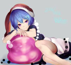 Rule 34 | 1girl, bare arms, bare legs, blue hair, closed mouth, dated, doremy sweet, dream soul, dress, grey background, hat, houdukixx, looking at viewer, lying, nightcap, pom pom (clothes), purple eyes, short hair, short sleeves, simple background, smile, solo, touhou