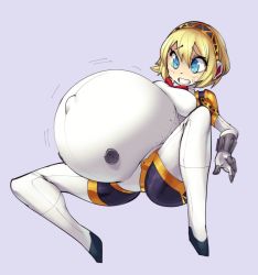 Rule 34 | 1girl, absurdres, aegis (persona), android, atlus, big belly, blonde hair, blue eyes, female focus, full body, hellbrain, highres, persona, persona 3, pregnant, short hair, solo, sweat
