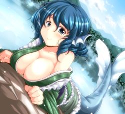 Rule 34 | 1girl, blue eyes, blue hair, blush, breast rest, breasts, cleavage, drill hair, fins, fish tail, head fins, japanese clothes, kimono, large breasts, looking at viewer, matching hair/eyes, mermaid, monster girl, off shoulder, short hair, smile, solo, tail, touhou, wakasagihime, yoriyuki chiyo