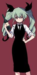 Rule 34 | 10s, 1girl, anchovy (girls und panzer), black necktie, black ribbon, bottle, commentary request, cowboy shot, drill hair, facing viewer, formal, girls und panzer, green hair, hair between eyes, hair ribbon, hand on own hip, looking at viewer, necktie, odawara hakone, red background, red eyes, ribbon, simple background, smile, solo, standing, twin drills, twintails