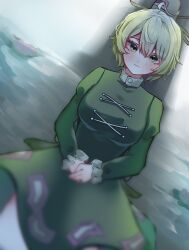 Rule 34 | 1girl, black hat, blush, closed mouth, commentary request, cross-laced clothes, dress, dutch angle, green dress, green eyes, green hair, hat, highres, long sleeves, looking at viewer, ofuda, ofuda on clothes, own hands together, short hair, soga no tojiko, solo, takana (forsterite), tate eboshi, touhou