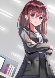 Rule 34 | 1girl, black jacket, black skirt, blue eyes, book, breasts, brown hair, commentary request, crossed arms, highres, indoors, jacket, long hair, long sleeves, looking at viewer, natsuki (natukituki), office lady, open clothes, open jacket, original, parted lips, shirt, skirt, small breasts, solo, white shirt