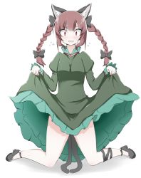 Rule 34 | 1girl, animal ears, blush, braid, bwell, cat ears, cat tail, clothes lift, dress, dress lift, full body, hair ribbon, highres, kaenbyou rin, kneeling, open mouth, red eyes, red hair, ribbon, shoes, simple background, solo, tail, touhou, twin braids