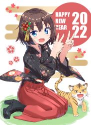 Rule 34 | 1girl, 2022, black footwear, blue eyes, boots, brown hair, changaa, clothing request, cross-laced footwear, double v, english text, fang, hakama, happy new year, high heel boots, high heels, highres, japanese clothes, kneeling, lace-up boots, looking at viewer, new year, open mouth, original, red hakama, short hair, skin fang, smile, tiger, v