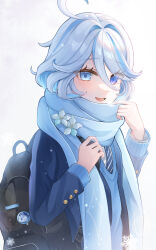 Rule 34 | 1girl, :d, absurdres, alternate costume, backpack, bag, blue eyes, blue hair, blue jacket, blue scarf, blue shirt, casual, commentary request, contemporary, flower, furina (genshin impact), genshin impact, highres, jacket, long sleeves, looking at viewer, mokankan, multicolored hair, open mouth, scarf, shirt, short hair, smile, solo, streaked hair, upper body, white flower, white hair