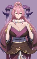 Rule 34 | 1girl, breasts, cleavage, commission, cowboy shot, curled horns, fire emblem, fire emblem heroes, frilled sleeves, frills, fur-trimmed collar, fur-trimmed kimono, fur trim, goat horns, hair ornament, hands up, highres, horns, huge breasts, japanese clothes, kimono, large horns, light smile, long hair, looking at viewer, mature female, nerthuz (fire emblem), nerthuz (new year) (fire emblem), nintendo, official alternate costume, pink hair, ponytail, purple background, purple eyes, purple horns, purple veil, shou illust, solo