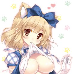 Rule 34 | 10s, 1girl, animal ears, artist name, blonde hair, blue bow, blush, bow, breasts, brown eyes, cat ears, closed mouth, clothes lift, djeeta (granblue fantasy), elbow gloves, gloves, granblue fantasy, hair bow, heart, kemonomimi mode, kimi to boku no mirai, lifted by self, looking at viewer, medium breasts, mouth hold, ribbon-trimmed bow, shigunyan, shiny skin, shirt lift, short hair, single elbow glove, smile, solo, superstar (granblue fantasy), tareme, twitter username, underboob, upper body, white gloves