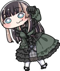 Rule 34 | 1girl, :3, alpha transparency, black choker, black dress, black gloves, black hair, blue eyes, breasts, choker, commentary, dress, frilled dress, frills, gloves, green dress, hololive, hololive dev is, juufuutei raden, komainu channel, leaning forward, light brown hair, long dress, long hair, medium breasts, multicolored hair, pantyhose, solo, streaked hair, transparent background, two-tone dress, two-tone hair, virtual youtuber, white pantyhose