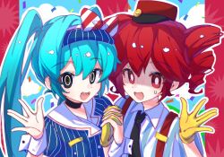 Rule 34 | 2girls, black choker, black eyes, black necktie, blue hair, bow, bright pupils, choker, collared shirt, commentary, diagonal-striped bow, drill hair, gloves, hair between eyes, hair intakes, hand up, hat, hatsune miku, highres, holding hands, kasane teto, long hair, mesmerizer (vocaloid), multiple girls, necktie, open mouth, red eyes, red hair, red hat, sharp teeth, shirt, short sleeves, smile, striped clothes, striped shirt, su dong huo ji, suspenders, sweat, symbol-only commentary, teeth, twin drills, twintails, utau, vertical-striped clothes, vertical-striped shirt, visor cap, vocaloid, white pupils, white shirt, white wrist cuffs, wrist cuffs, yellow gloves