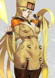 Rule 34 | 1girl, ashiomi masato, blonde hair, blue eyes, brown hat, brown pantyhose, commentary request, fingerless gloves, fur hat, gloves, grey background, guilty gear, guilty gear strive, hat, holding, holding own hair, long hair, millia rage, multicolored clothes, multicolored gloves, pantyhose, smile, solo, ushanka, very long hair, wide hips