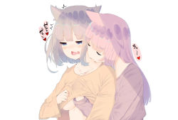 Rule 34 | 2girls, animal ears, biting, blue eyes, breasts, cat ears, closed eyes, clothes lift, collarbone, commentary request, grey hair, hand under clothes, hand under shirt, heart, lifting another&#039;s clothes, long hair, long sleeves, medium breasts, multiple girls, neck biting, no bra, open mouth, orange shirt, original, pink hair, purple shirt, shirt, shirt lift, short hair, simple background, sound effects, sumi hiyoko, translation request, underboob, upper body, white background, yuri
