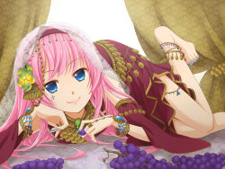 Rule 34 | 1girl, anklet, aqua nails, arabian clothes, armlet, barefoot, bed, blue eyes, bracelet, detached sleeves, dress, feet, food, fruit, gem, gold, grapes, hair ornament, jewelry, legs up, long hair, looking at viewer, lying, manimani (mani ma), nail polish, necklace, on stomach, original, pink hair, ring, smile, solo, toenail polish, toenails, toes, veil