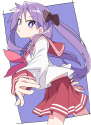Rule 34 | 1girl, blue background, blue eyes, bow, brown bow, hair bow, hiiragi kagami, ixy, long hair, long sleeves, looking at viewer, lucky star, purple hair, red sailor collar, red skirt, sailor collar, school uniform, serafuku, simple background, skirt, solo, twintails, two-tone background, white background