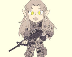 Rule 34 | 1girl, :d, assault rifle, camouflage, chibi, commentary, dagger, earrings, fingerless gloves, gloves, grey background, gun, holding, holding gun, holding weapon, jewelry, knife, limited palette, long hair, looking at viewer, nintendo, open mouth, parted bangs, pointy ears, princess zelda, rifle, setz, simple background, smile, solo, spot color, standing, symbol-only commentary, the legend of zelda, triforce, trigger discipline, weapon, weapon request, yellow eyes