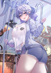 Rule 34 | 1girl, absurdres, alternate costume, axe, breasts, demon girl, demon horns, demon wings, duel monster, grey eyes, grey hair, hand up, highres, holding, holding axe, horns, jacket, labrynth cooclock, labrynth stovie torbie, large breasts, lovely labrynth of the silver castle, low wings, neko punch (user hddm3373), open clothes, open jacket, pointy ears, purple eyes, shirt, solo, track jacket, twintails, white horns, white shirt, wings, yu-gi-oh!