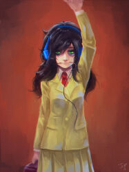 Rule 34 | 1girl, arm at side, arm up, artist name, bad id, bad pixiv id, bag, bags under eyes, black hair, blazer, breasts, briefcase, brown bag, cable, cable in mouth, collared shirt, commentary, dated, dress shirt, gradient background, green eyes, headphones, highres, holding, holding bag, jacket, jcm2, kuroki tomoko, long hair, long sleeves, messy hair, mouth hold, necktie, orange background, pleated skirt, red necktie, school briefcase, school uniform, shirt, skirt, small breasts, solo, standing, swept bangs, v, watashi ga motenai no wa dou kangaetemo omaera ga warui!, white shirt, yellow jacket, yellow skirt