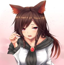 Rule 34 | 1girl, absurdres, animal ears, brooch, brown hair, dress, fangs, gradient background, highres, imaizumi kagerou, jewelry, long hair, long sleeves, looking at viewer, nail polish, open mouth, pink background, pointing, pointing at self, red eyes, red nails, shawl, simple background, solo, suiroh (shideoukami), touhou, upper body, white dress, wolf ears