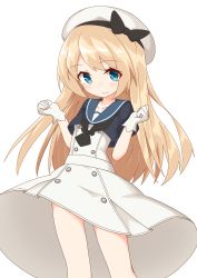 Rule 34 | 1girl, absurdres, blonde hair, blue eyes, blue sailor collar, blush, closed mouth, dress, gloves, hair between eyes, hat, highres, ichi (ichi.colors), jervis (kancolle), kantai collection, long hair, looking at viewer, sailor collar, sailor dress, sailor hat, short sleeves, simple background, smile, solo, white background, white dress, white gloves, white hat, wind, wind lift