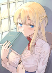Rule 34 | 1girl, black bra, blonde hair, blue eyes, blue skirt, blush, book, bra, bra visible through clothes, braid, breasts, bursting breasts, closed mouth, french braid, fukuroumori, high-waist skirt, highres, holding, holding book, large breasts, long sleeves, looking at viewer, original, see-through, shirt, skirt, smile, solo, underwear, upper body, white shirt