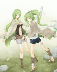 Rule 34 | 1girl, 2girls, anklet, boots, breasts, caam serenity of gusto, calm, silent gusta, choker, cleavage, clothing cutout, coat, duel monster, green eyes, green hair, highres, jewelry, long hair, looking at viewer, multiple girls, navel, navel cutout, open clothes, open coat, ponytail, rr (rr2), sandals, shorts, small breasts, smile, thighlet, wand, wind, winda priestess of gusto, wynnda miko of the gusta, yu-gi-oh!