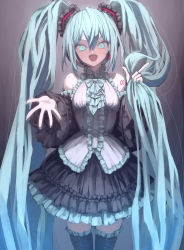 Rule 34 | 1girl, aqua eyes, aqua hair, aqua nails, bare shoulders, black footwear, boots, dress, eyeshadow, fingernails, frilled dress, frilled sleeves, frills, hair between eyes, hatsune miku, headphones, highres, holding, holding hair, lolita fashion, long fingernails, long hair, looking at viewer, makeup, microphone, nail polish, open hand, open hands, open mouth, osobachan, pink eyeshadow, smile, solo, sweat, thigh boots, twintails, very long hair, vocaloid, wide sleeves