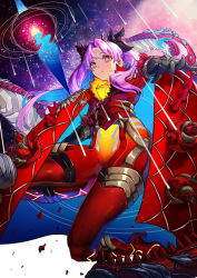 Rule 34 | 1girl, black gloves, blue hair, bodysuit, boots, crescent, crescent facial mark, dpea9, facial mark, fate/grand order, fate (series), forehead mark, gloves, high heel boots, high heels, highres, horns, ishtar (fate), looking at viewer, multicolored hair, pink hair, red bodysuit, ringed eyes, solo, space ishtar (fate), space ishtar (third ascension) (fate), star-shaped pupils, star (symbol), symbol-shaped pupils, two-tone hair, two side up, yellow eyes