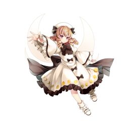 Rule 34 | 1girl, black bow, black bowtie, blonde hair, bow, bowtie, closed mouth, dress, dress bow, drill hair, drill sidelocks, fairy, fairy wings, full body, game cg, highres, long sleeves, looking at viewer, luna child, medium hair, moon print, red eyes, rotte (1109), sidelocks, simple background, solo, third-party source, touhou, touhou lostword, white background, white dress, white footwear, white headwear, wings