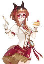 Rule 34 | 1girl, :d, animal ears, blunt bangs, brown hair, cake, food, fork, glasses, gloves, highres, holding, holding fork, holding plate, horse ears, horse girl, jacket, looking at viewer, multicolored hair, new stars rose (umamusume), ningen3333, open mouth, plate, puffy short sleeves, puffy sleeves, red-framed eyewear, red eyes, short hair, short sleeves, simple background, smile, solo, streaked hair, tongue, tongue out, transcend (umamusume), umamusume, vest, white background, white gloves, white hair, white jacket, white vest