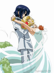 Rule 34 | 1boy, 1girl, arms around neck, artist name, athrun zala, blonde hair, blue hair, cagalli yula athha, couple, dress, flower, fumiko (mesushi), green dress, green eyes, gundam, gundam seed, hair flower, hair ornament, hug, hug from behind, jewelry, looking at another, see-through, see-through dress, short hair, smile, yellow eyes