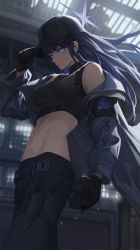 Rule 34 | 1girl, armband, bare shoulders, black gloves, black hair, blue archive, breasts, cape, crop top, dagger, from below, gloves, halo, hand on headwear, highres, jacket, knife, looking at viewer, medium breasts, midriff, navel, saori (blue archive), solo, starblue, weapon