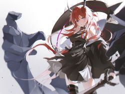 Rule 34 | 1girl, 2sham, absurdres, ahoge, arknights, bare shoulders, black dress, black jacket, black thighhighs, breasts, dress, gradient background, grey background, highres, holding, holding sword, holding weapon, horns, huge filesize, jacket, long hair, long sleeves, looking at viewer, medium breasts, off shoulder, open clothes, open jacket, parted lips, purple eyes, red hair, sideboob, solo, surtr (arknights), sword, thighhighs, underbust, weapon
