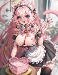 Rule 34 | 1girl, absurdres, ahoge, animal ears, black thighhighs, blurry, blurry background, blush, braid, breasts, cake, cat ears, cat girl, cat tail, cleavage, extra ears, fang, food, hair between eyes, halo, highres, indie virtual youtuber, large breasts, leaning forward, long hair, looking at viewer, maid, maid headdress, open mouth, pink hair, pointy ears, purple eyes, rosebell, rosebell (vtuber), solo, tail, thighhighs, twin braids, virtual youtuber