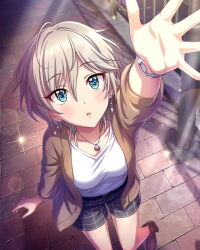Rule 34 | 1girl, anastasia (idolmaster), blue eyes, earrings, grey hair, idolmaster, idolmaster cinderella girls, jewelry, necklace, official art, solo