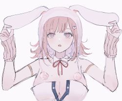 Rule 34 | 1girl, animal ears, animal hood, bad id, bad twitter id, bare shoulders, black leotard, breasts, brown hair, cleavage, danganronpa (series), danganronpa 2: goodbye despair, detached collar, fake animal ears, galaga, hands up, highres, hood, large breasts, leotard, looking up, medium hair, mole, mole on breast, nanami chiaki, neck ribbon, nokoru sora, official alternate costume, pink ribbon, playboy bunny, rabbit ears, rabbit hood, ribbon, sketch, solo, strapless, strapless leotard, teeth, two-tone leotard, upper teeth only, white leotard