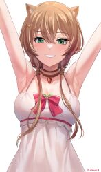 Rule 34 | 1girl, absurdres, animal ears, armpits, arms up, ayunda risu, ayunda risu (1st costume), breasts, brown hair, choker, commentary, dobure18, dress, english commentary, fur choker, green eyes, grin, hair ornament, hairclip, highres, hololive, hololive indonesia, long hair, low twintails, medium breasts, simple background, sleeveless, smile, solo, squirrel ears, squirrel girl, twintails, twitter username, virtual youtuber, white background, white dress