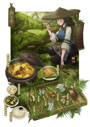 Rule 34 | 1girl, absurdres, basket, black hair, blush, bracelet, casserole, chicken (food), coney, day, food, hat, highres, holding, jewelry, mushroom, nature, original, outdoors, outside border, plant, plate, sleeves rolled up, smile, solo, squatting, staring, straw hat, traditional clothes, tree