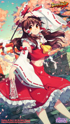 Rule 34 | 1girl, bow, brown eyes, brown hair, cherry blossoms, commentary, crop top, danmaku!!, detached sleeves, flat chest, frills, gina chacon, gohei, hair bow, hair tubes, hakurei reimu, highres, midriff, navel, ofuda, petals, red bow, sidelocks, skirt, smile, solo, torii, touhou, watermark, web address, wide sleeves