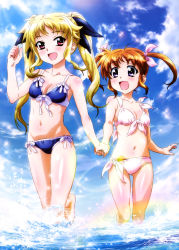 Rule 34 | 2girls, absurdres, artist request, barefoot, bikini, blonde hair, blue bikini, blue sky, blush, breasts, brown hair, cloud, collarbone, day, fate testarossa, front-tie bikini top, front-tie top, gluteal fold, hair ribbon, highres, holding hands, long hair, looking at another, lyrical nanoha, mahou shoujo lyrical nanoha, multiple girls, navel, nyantype, official art, open mouth, outdoors, pink hair, purple eyes, red eyes, ribbon, shiny skin, sky, small breasts, splashing, swimsuit, takamachi nanoha, twintails, very long hair, walking, water