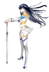 Rule 34 | 1girl, absurdres, black hair, blue eyes, boots, chamuring, closed mouth, from side, hand on hilt, hand on weapon, high heel boots, high heels, highres, junketsu, kill la kill, kiryuuin satsuki, long hair, scabbard, sheath, sheathed, simple background, skirt, solo, standing, sword, thigh boots, thighhighs, uniform, weapon, white background, white footwear, white skirt, wind