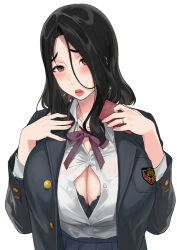 Rule 34 | 1girl, black bra, black hairband, black jacket, blazer, blush, bra, bra peek, breast suppress, breasts, brown eyes, bursting breasts, button gap, collared shirt, commentary request, dress shirt, emblem, hairband, huge breasts, jacket, jewelry, lipstick, long hair, looking at viewer, makeup, mature female, multicolored nails, nail polish, open clothes, open jacket, original, parted bangs, pink nails, purple nails, red lips, ring, sasamori tomoe, school emblem, school uniform, shirt, simple background, solo, undersized clothes, underwear, upper body, wardrobe malfunction, wedding ring, white background, white shirt