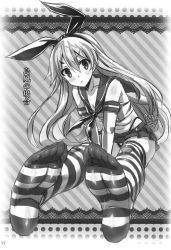 Rule 34 | 10s, 1girl, akaza, dress, feet, foot focus, highres, kantai collection, long hair, monochrome, ribbon, sailor dress, shimakaze (kancolle), skirt, soles, solo, striped clothes, striped thighhighs, thighhighs, toes