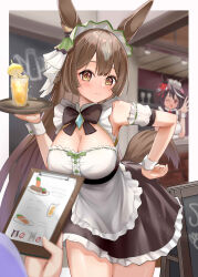 Rule 34 | 2girls, absurdres, alternate costume, animal ears, apron, armpits, blurry, blurry background, blush, breasts, brown eyes, brown hair, cleavage, closed mouth, commentary request, cup, drink, enmaided, hair between eyes, hair ornament, highres, holding, holding cup, horse ears, horse girl, horse tail, kitasan black (umamusume), large breasts, looking at viewer, maid, milkcandyer, multiple girls, one eye closed, open mouth, satono diamond (umamusume), solo focus, tail, tray, umamusume
