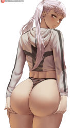 Rule 34 | 1girl, ass, black clover, black panties, blunt bangs, closed mouth, commentary, cowboy shot, english commentary, eyelashes, from behind, highres, hood, hood down, huge ass, long hair, long sleeves, looking at viewer, looking back, no pants, noelle silva, panties, patreon logo, patreon username, purple eyes, shexyo, simple background, solo, thick thighs, thighs, thong, twintails, underwear, watermark, web address, white background